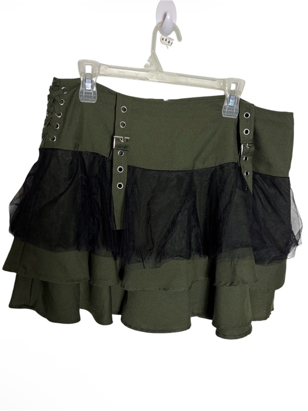 Thorn & Fable green & black tulle tiered steampunk military mini skirt size XL